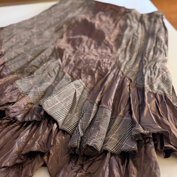 COCO & Tashi Patchwork Ruffle Skirt Plaid Chocolate Brown Mixed Media Whimsigoth - Picture 8 of 8